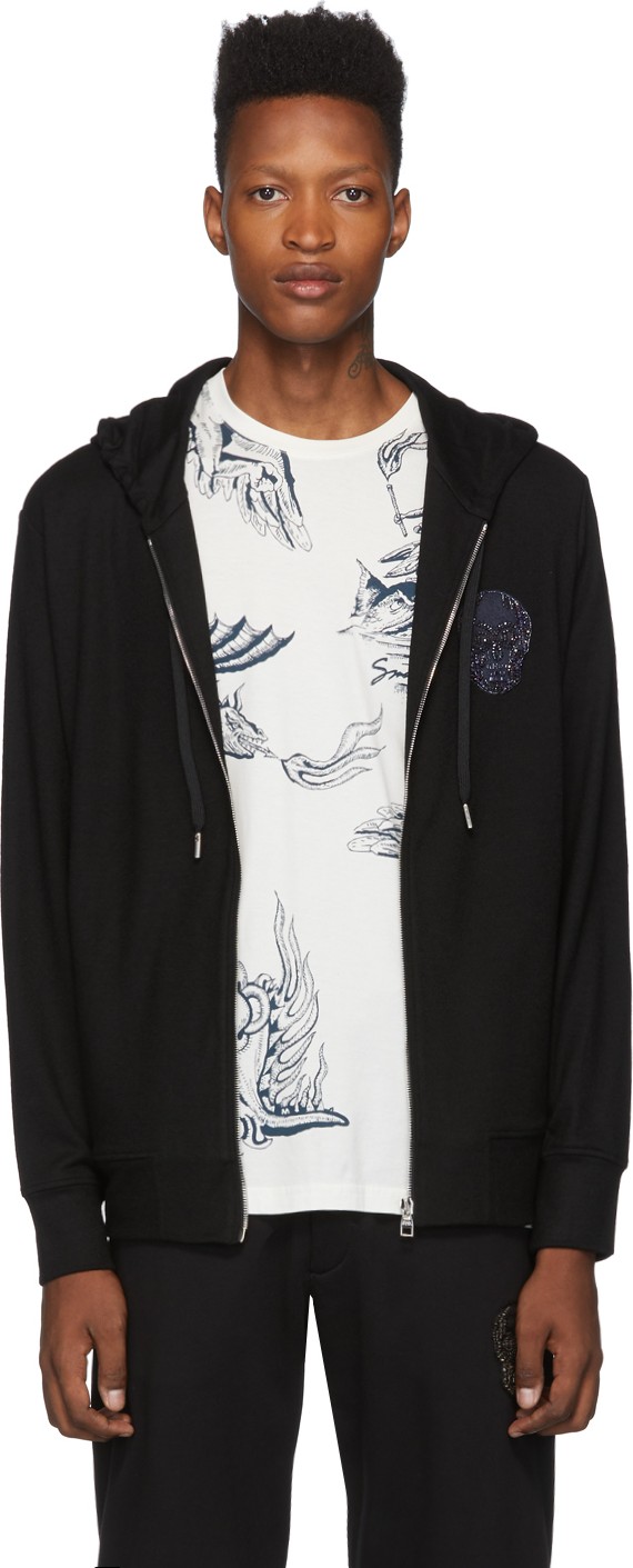 Alexander McQueen Black Skull Patch Zip-Up Hoodie
