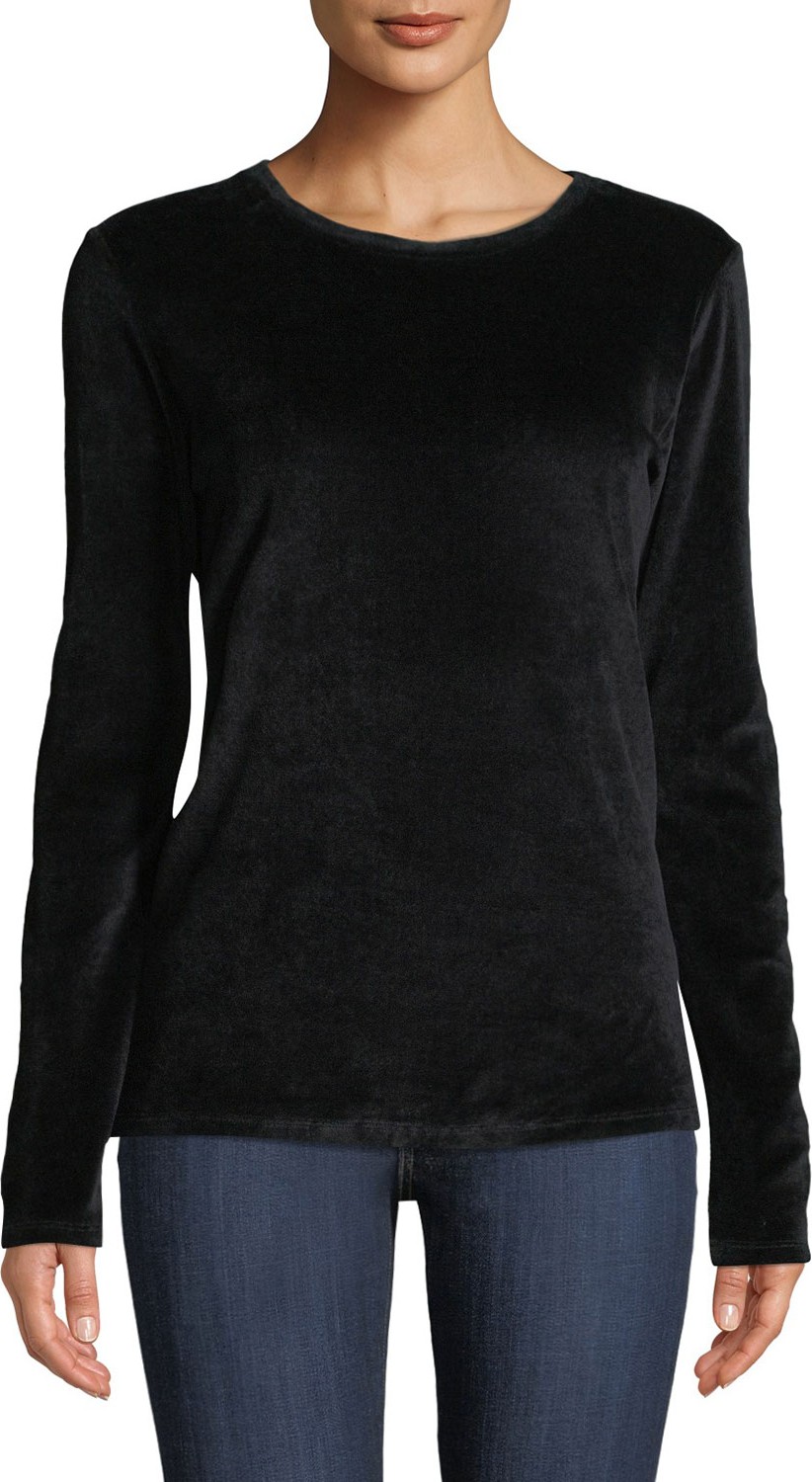 Majestic Long-Sleeve Velour Crewneck Top