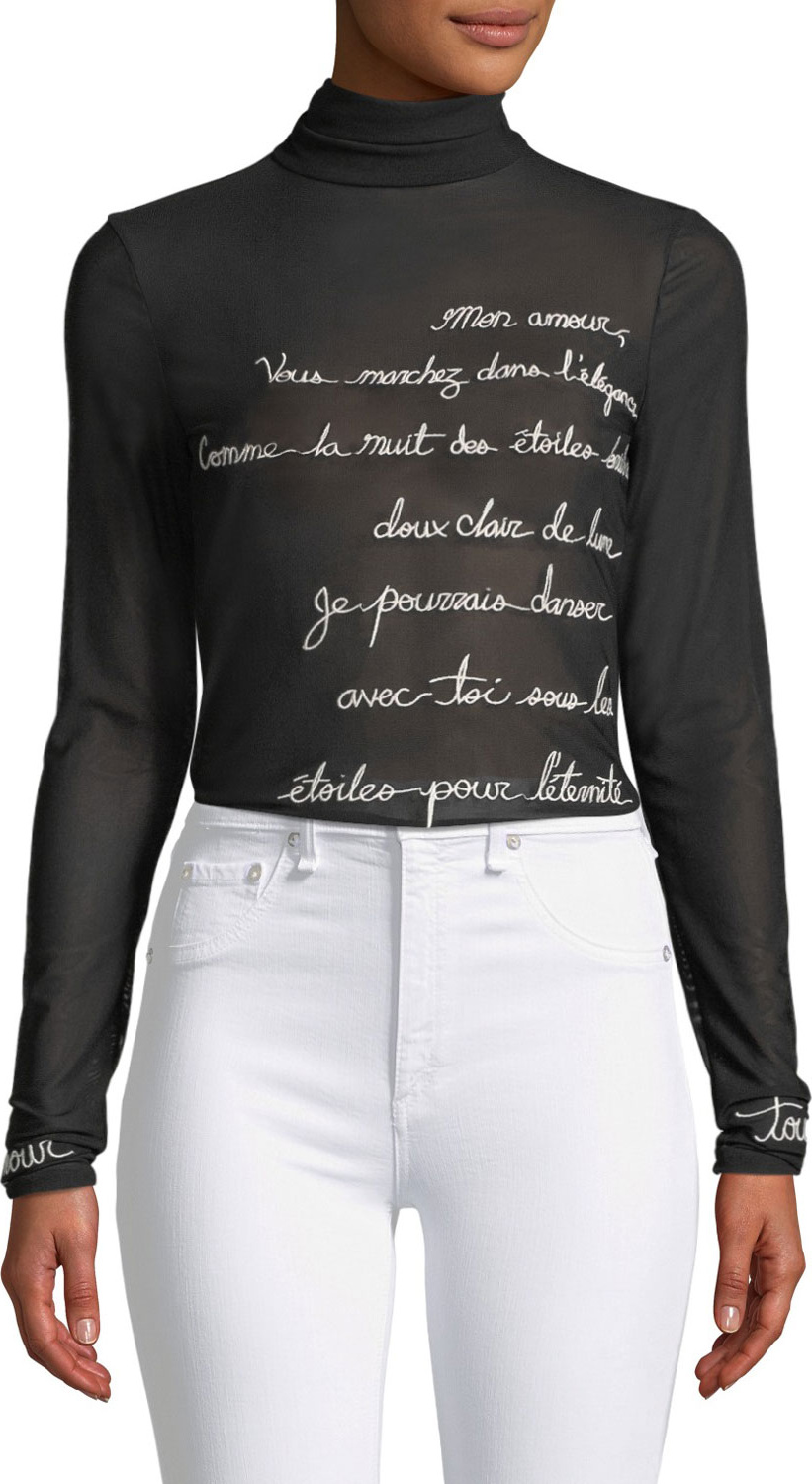 Cinq A Sept Cherice Embroidered Graphic Turtleneck Top