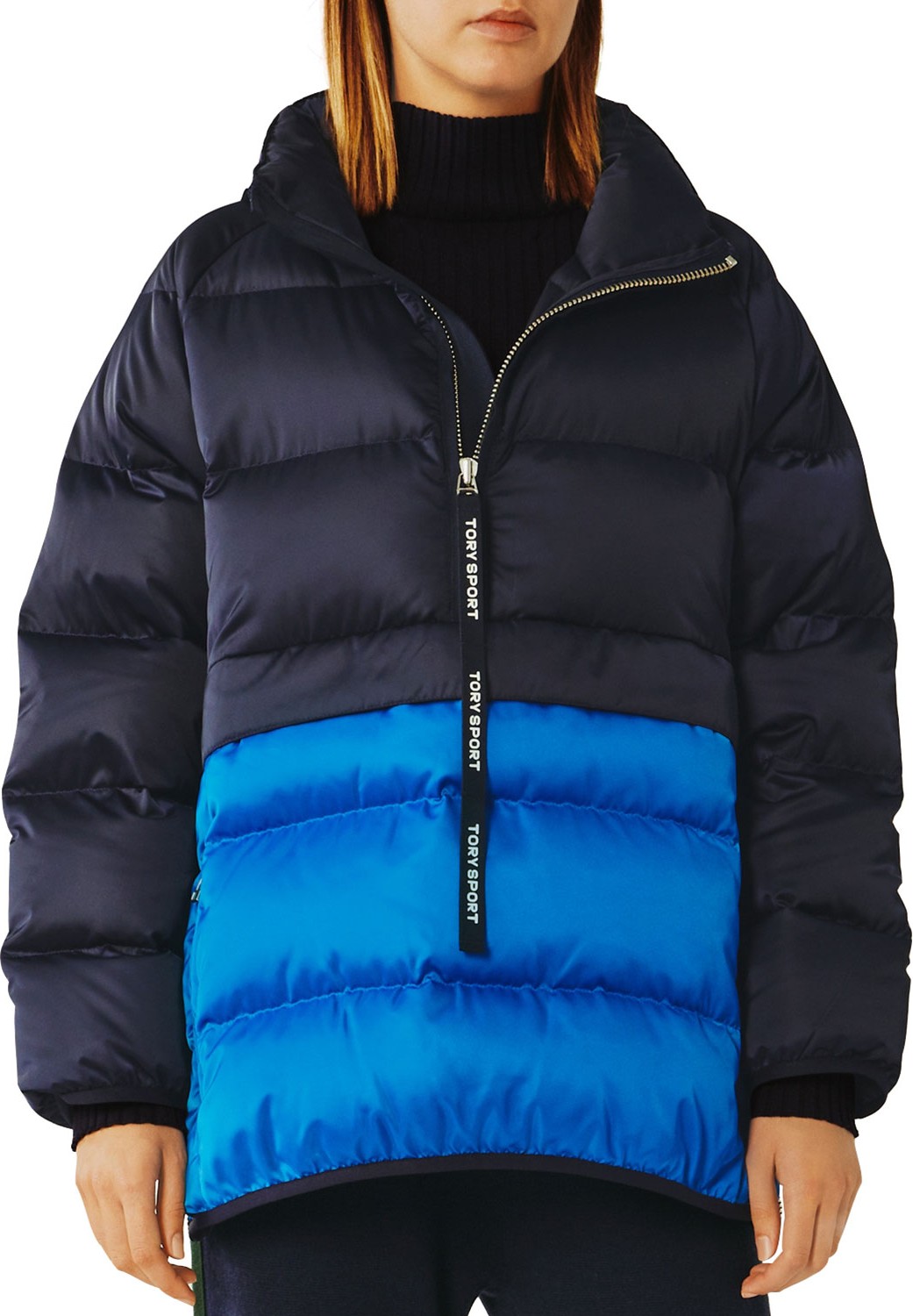 Tory Sport Colorblock Down Satin Quilted Pullover Jacket