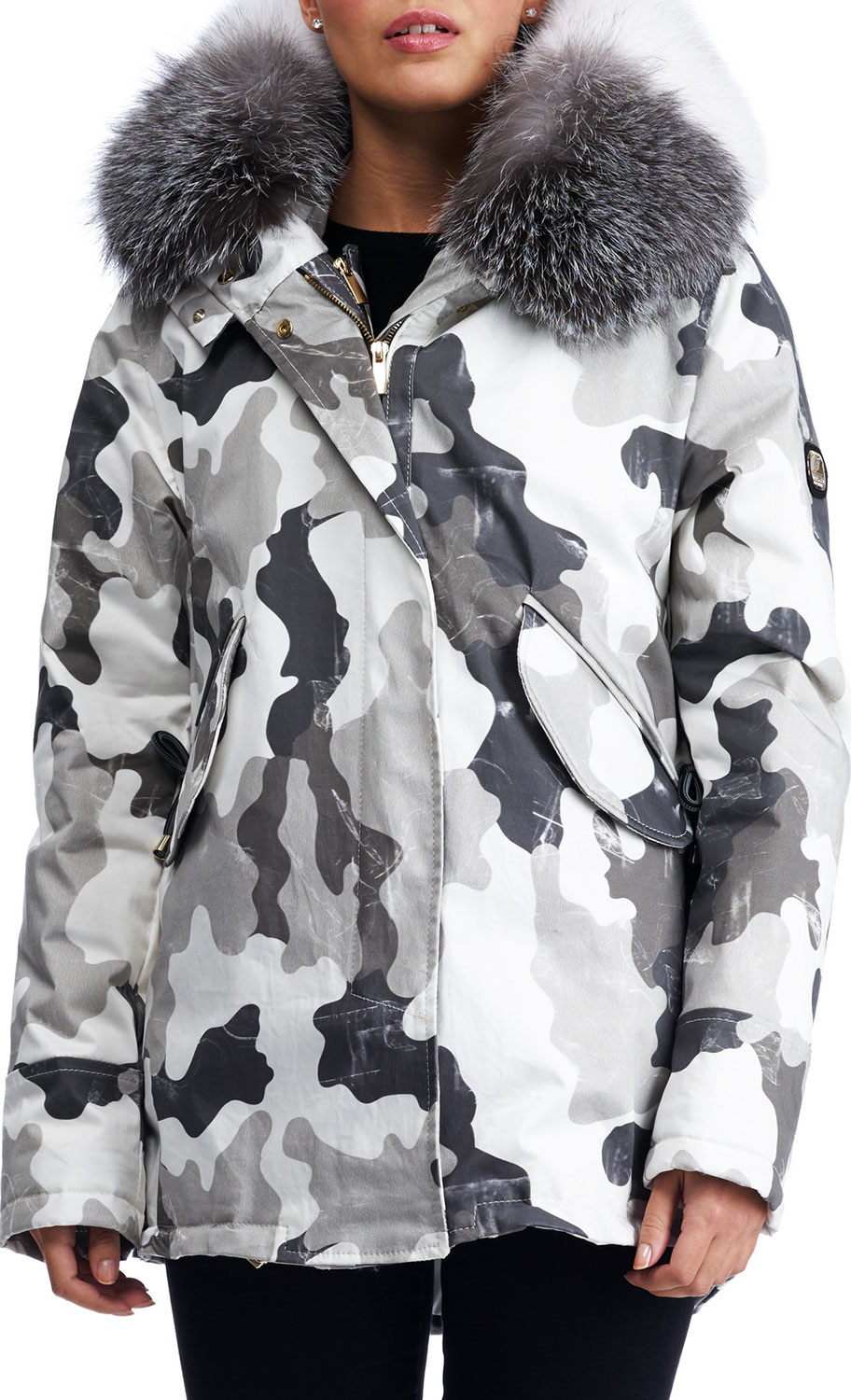 Gorski Hooded Camouflage-Print Puffer Après-Ski Jacket with Fox Fur Trim