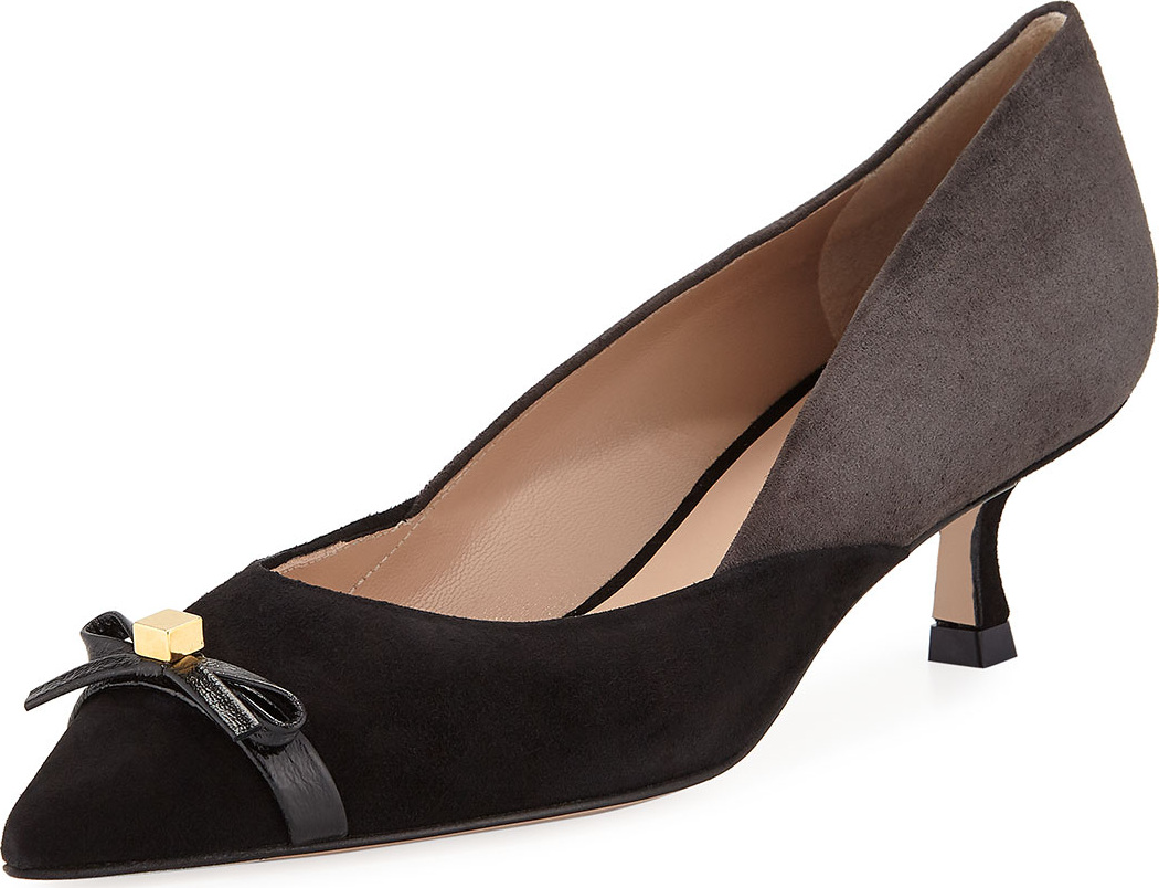 Stuart Weitzman Winn Kitten-Heel Two-Tone Bow Pumps