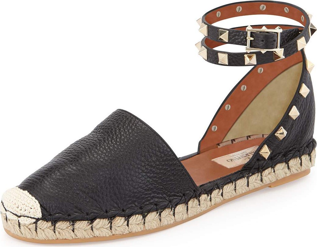 Valentino Rockstud Double Ankle-Wrap Flat Espadrille, Black