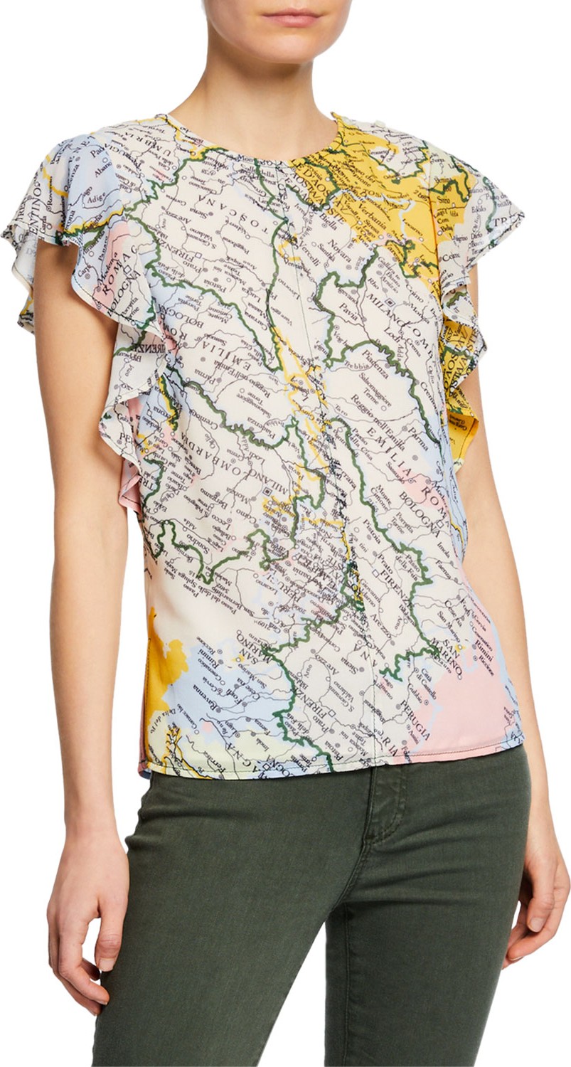 Derek Lam 10 Crosby Ruffle-Sleeve Map Crewneck Top