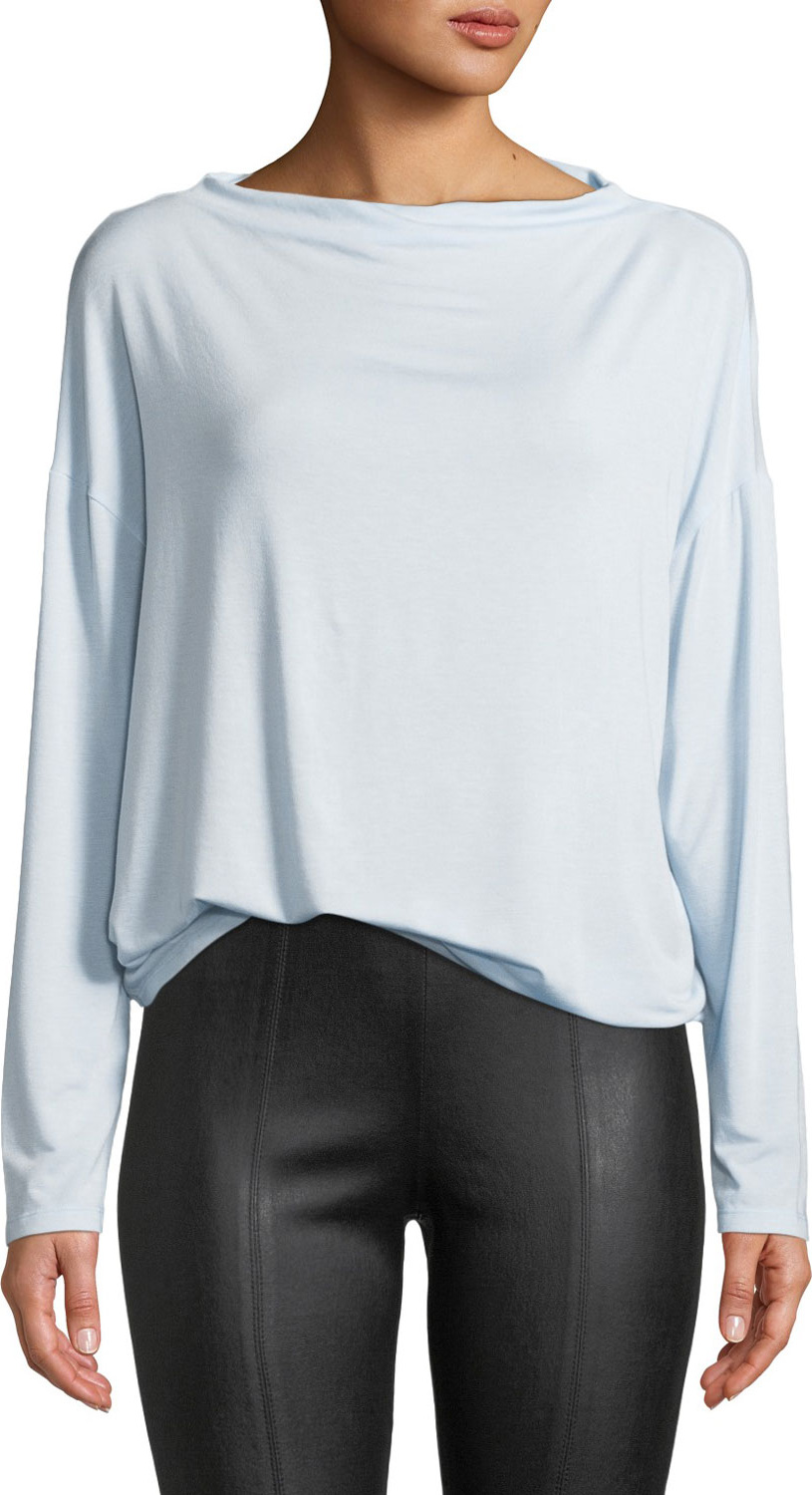 Vince Long-Sleeve Mock Boat-Neck Pullover Top