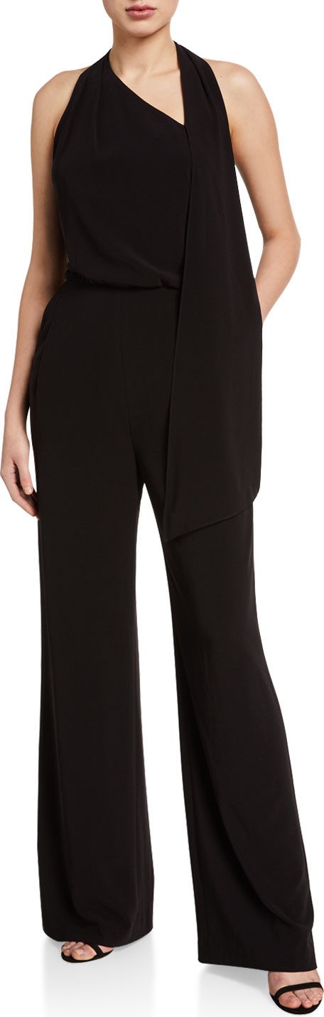 Halston Scarf-Neck Sleeveless Jumpsuit