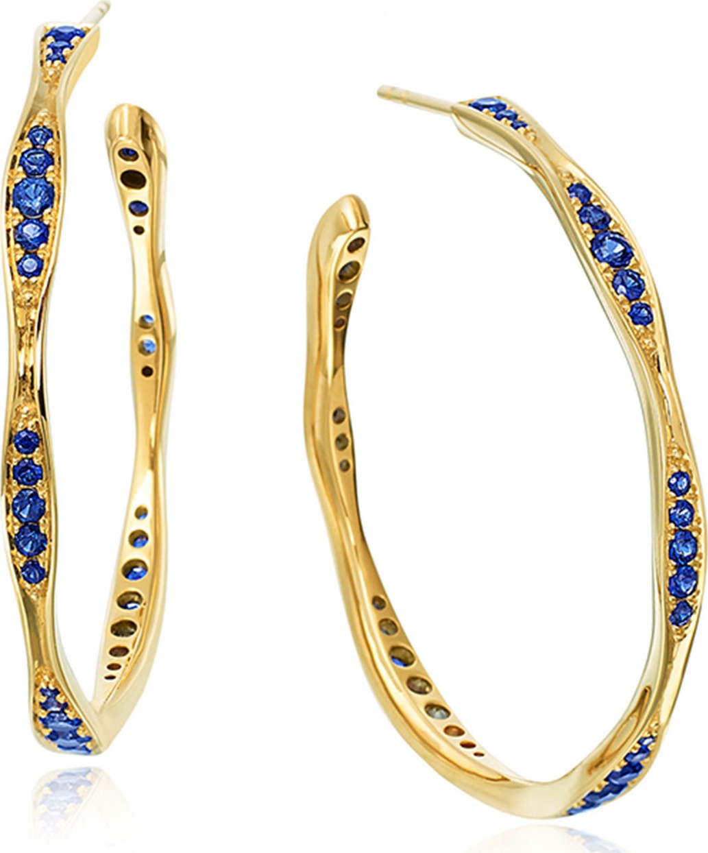 Maria Canale 18k Gold Blue Sapphire Wave Hoop Earrings, 1.5"L