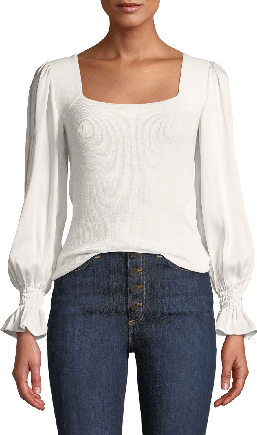 Rebecca Taylor Silk-Sleeve Merino Pullover Sweater