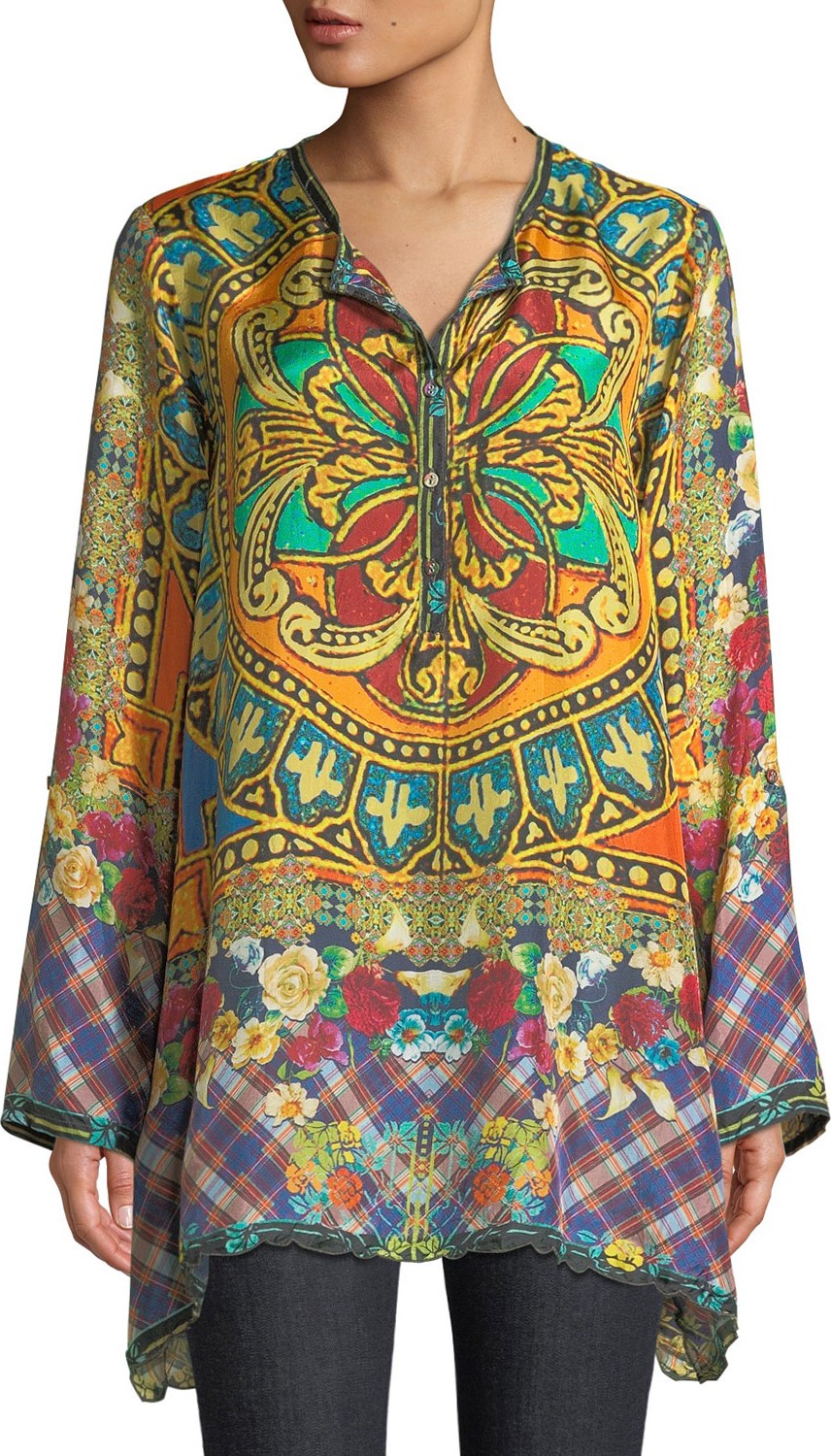 Johnny Was Reasona Stain Glass-Print Silk Tunic