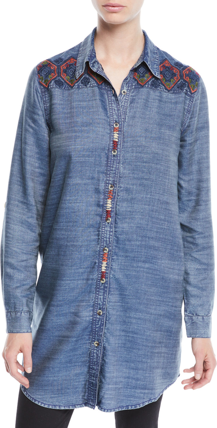 Tolani Tina Button-Front Long Chambray Tunic w/ Embroidery