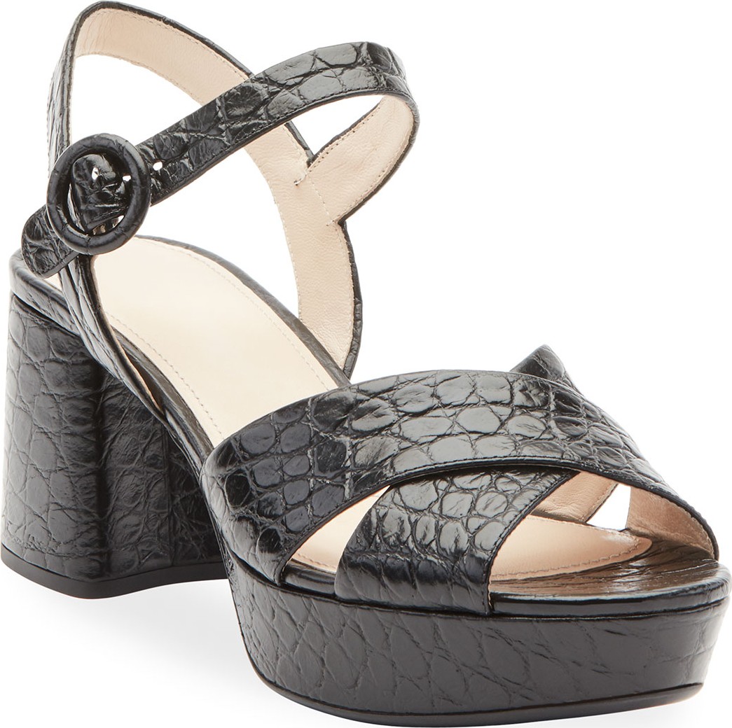 Prada Crocodile-Print Crisscross Sandals