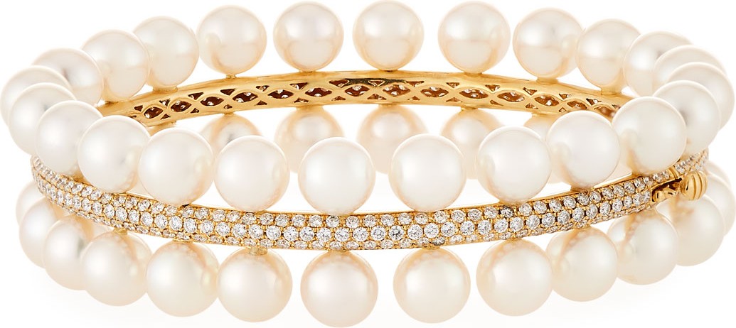 Assael Akoya Pearl Two-Row Diamond-Trim Bracelet