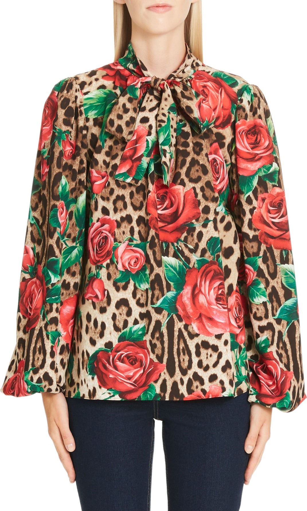 Dolce & Gabbana Rose & Leopard Print Tie Neck Stretch Silk Blouse