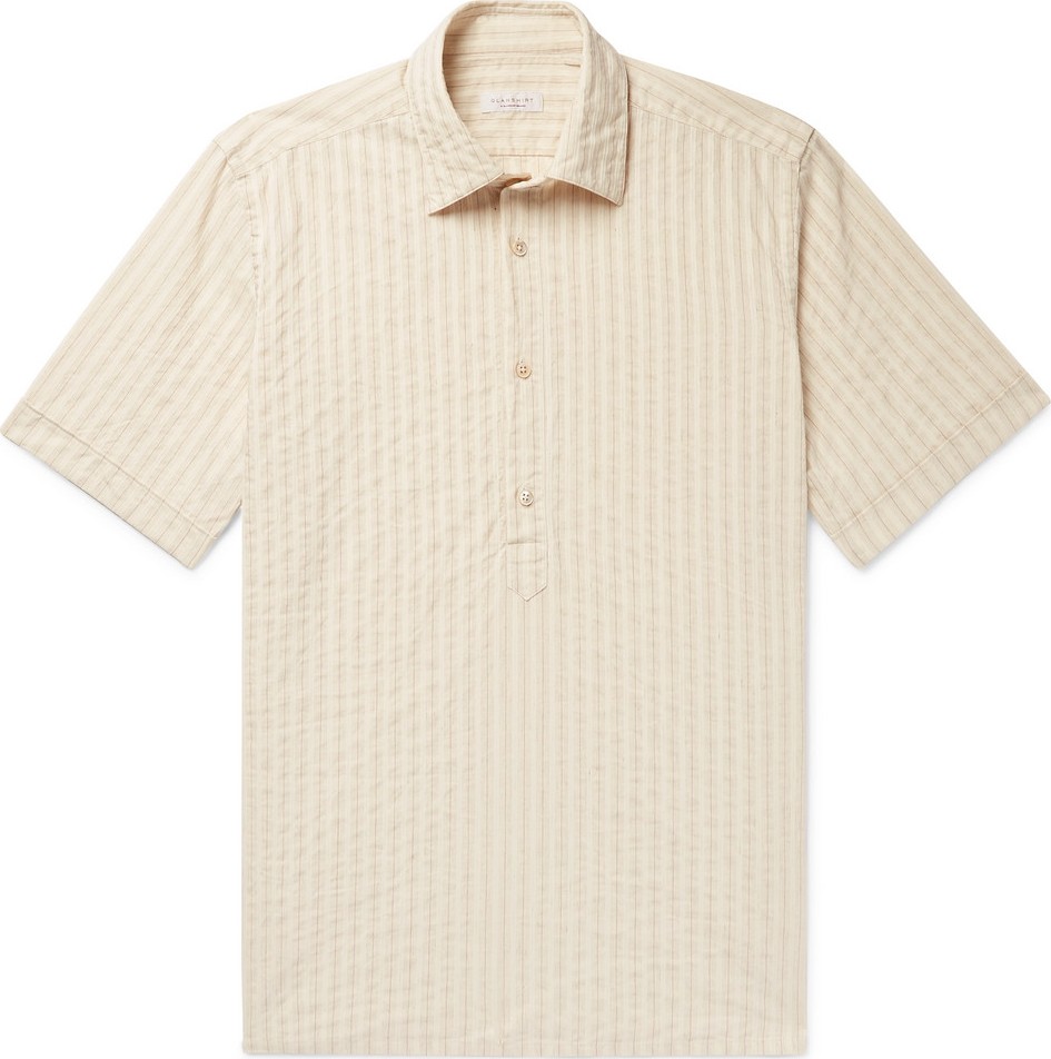 Incotex Striped Cotton and Linen-Blend Half-Placket Shirt