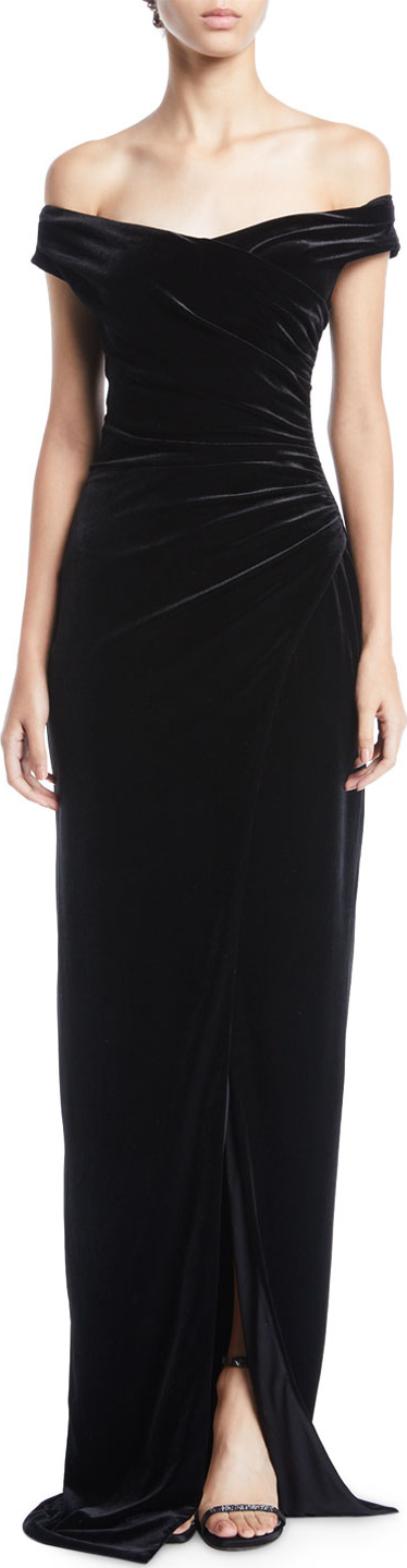 Black Halo Floral Velvet Ruched Off-the-Shoulder Column Gown