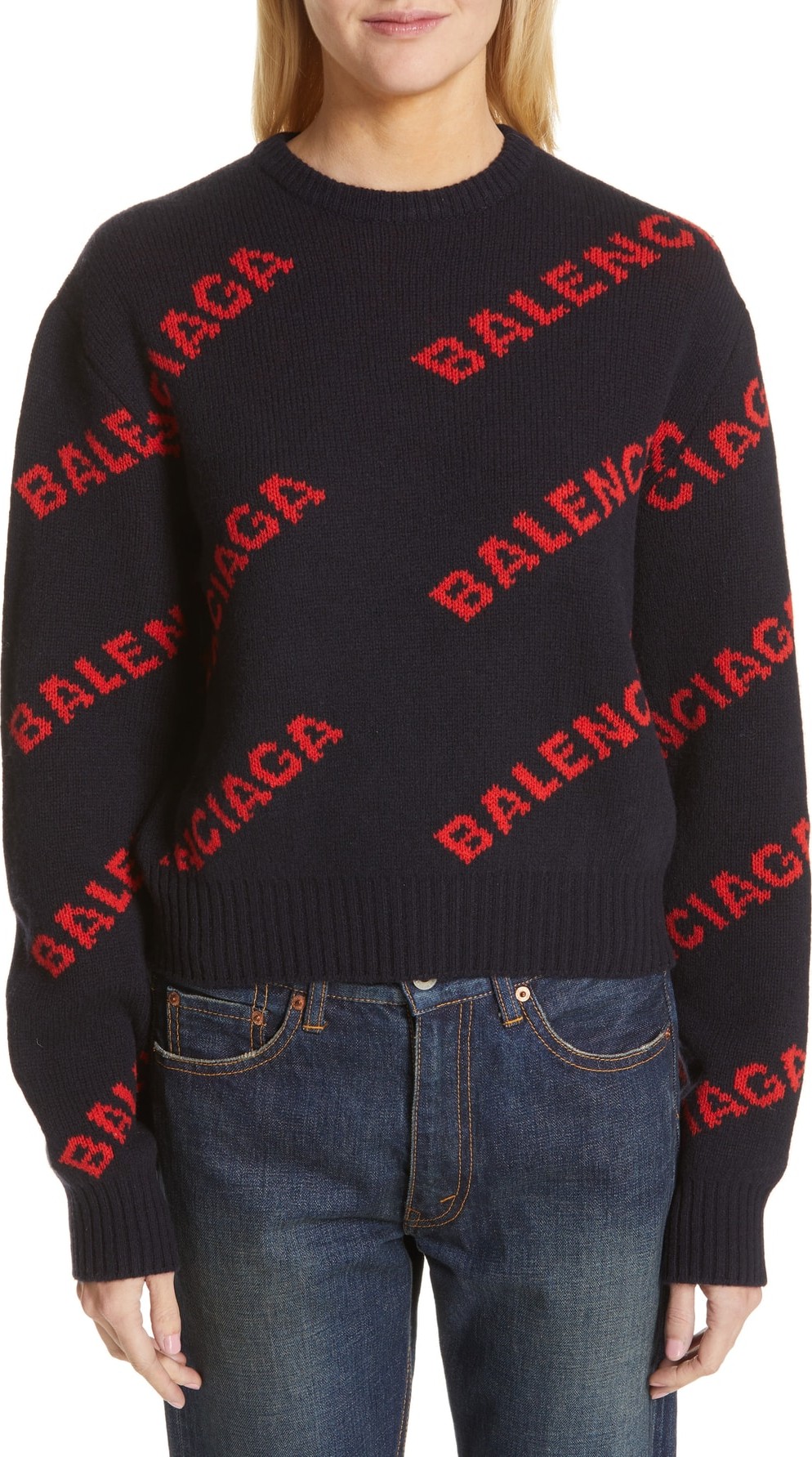 Balenciaga Logo Jacquard Wool Blend Crop Sweater