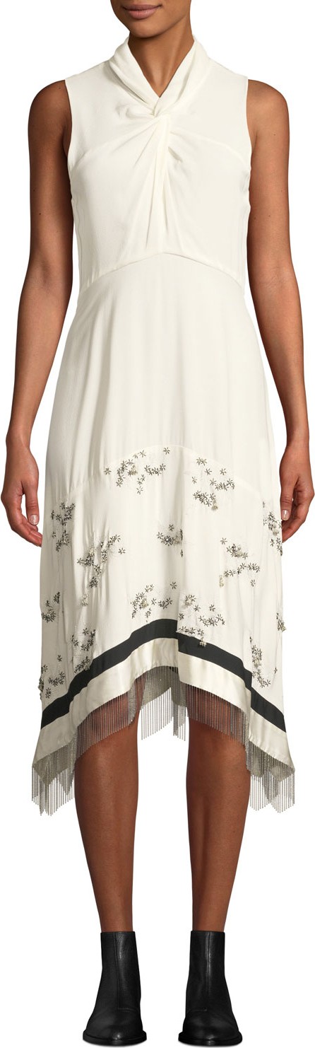 3.1 Phillip Lim Twist-Front Embellished Silk Sleeveless Dress with Chain Fringe