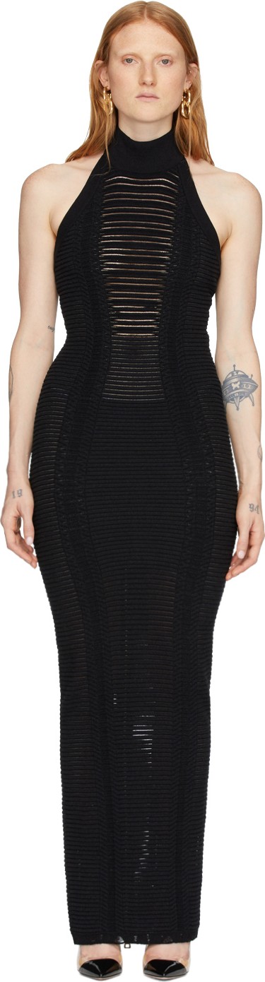 Balmain Black Transparent Stripe Halter Dress