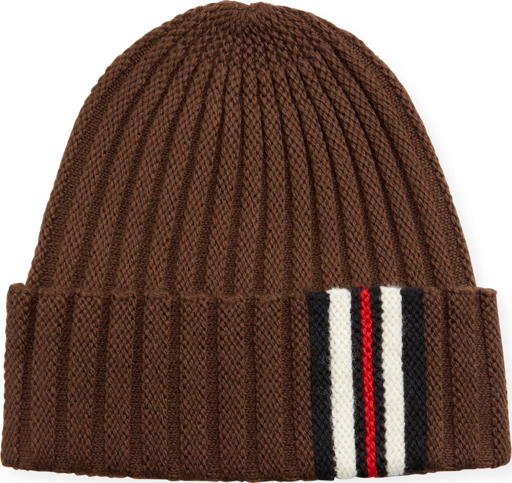 Burberry London England Vertical Rib Knit Beanie w/ Stripe Intarsia