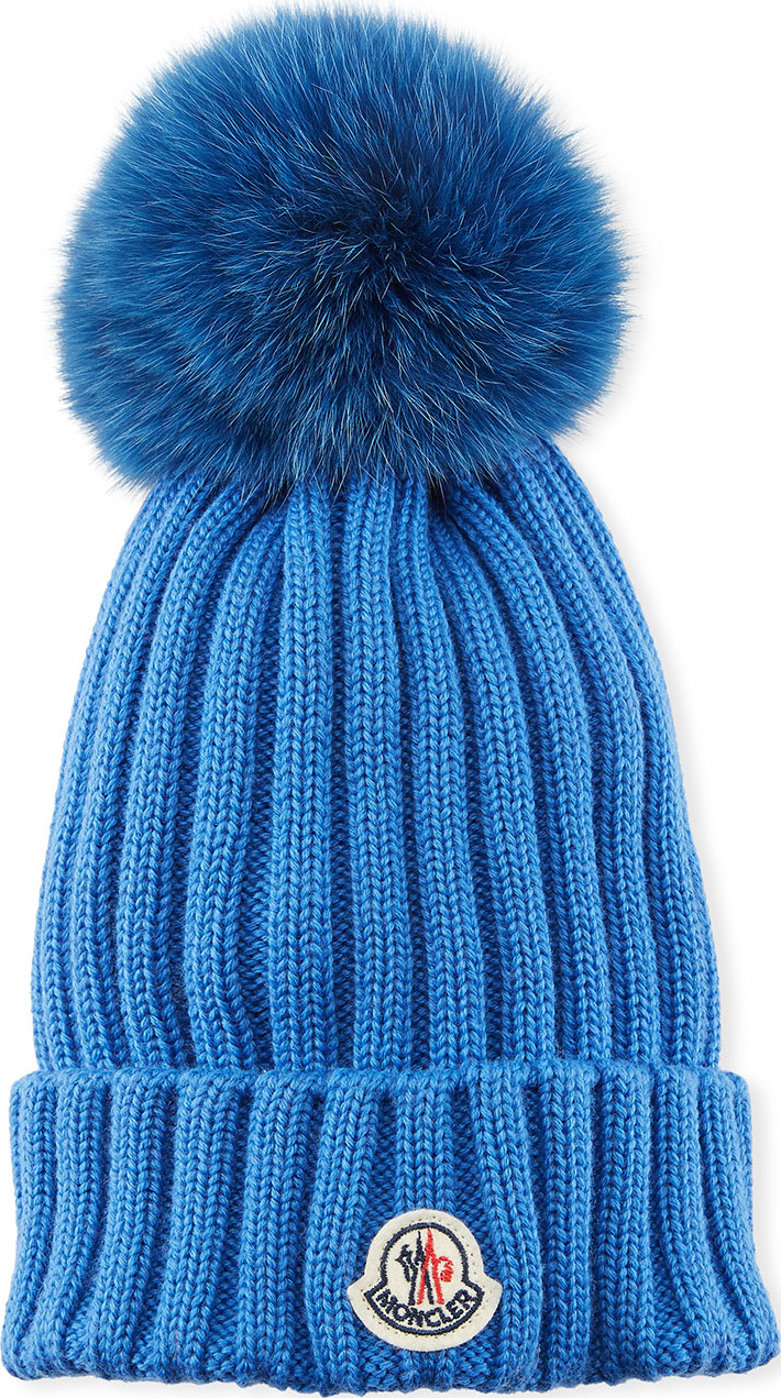 Moncler Berretto Knit Hat w/ Fur Pompom