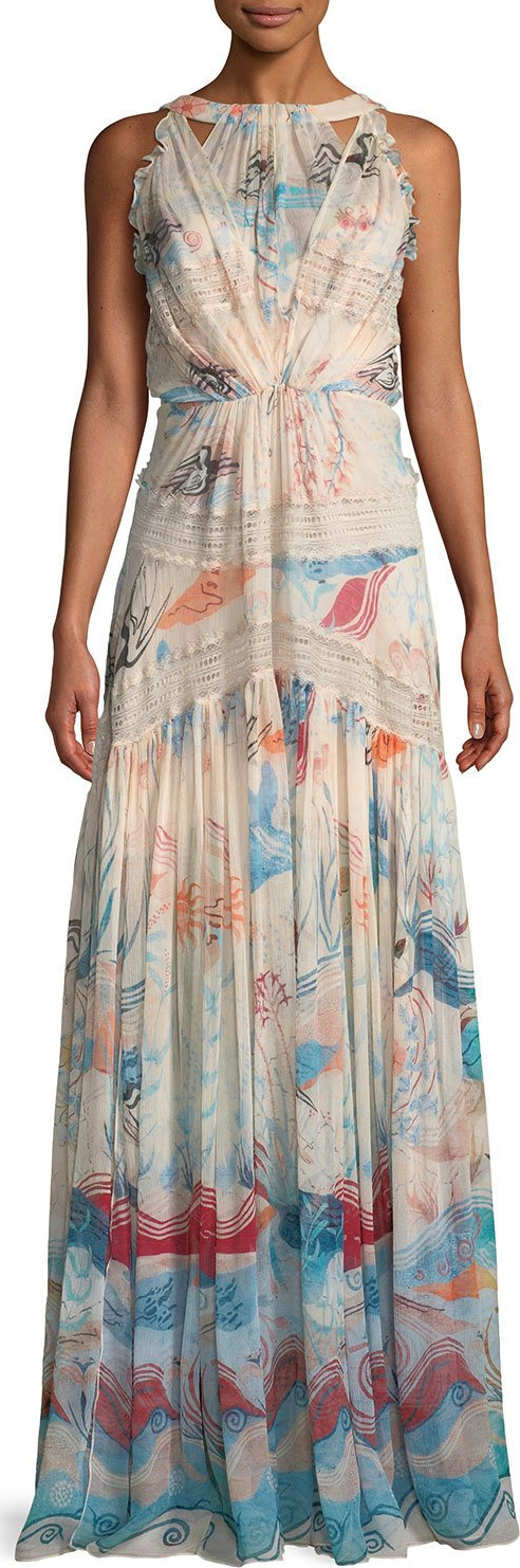 Zuhair Murad High-Neck Sleeveless Fresco-Print Silk Long Dress
