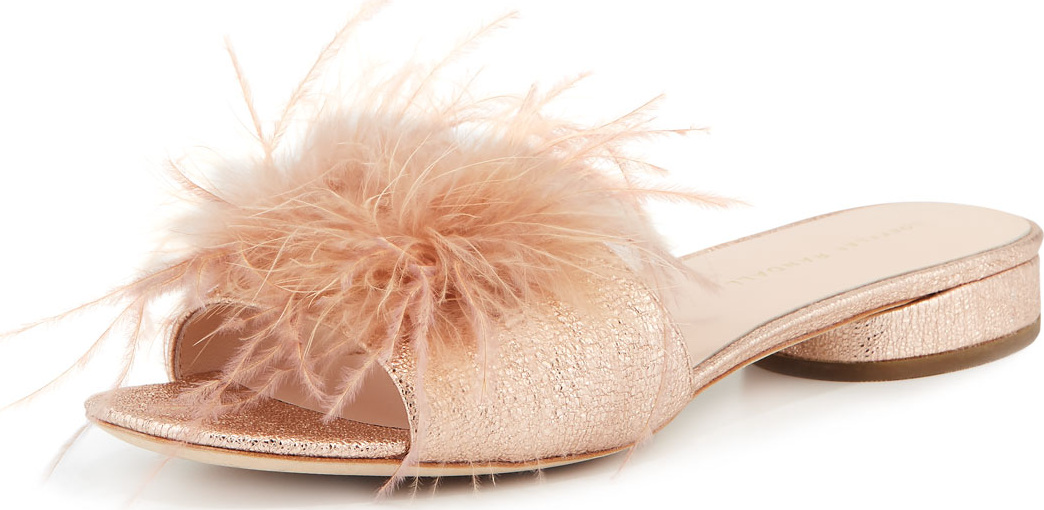 Loeffler Randall Lilly Crinkle Metallic Slide Sandal with Feather Pom