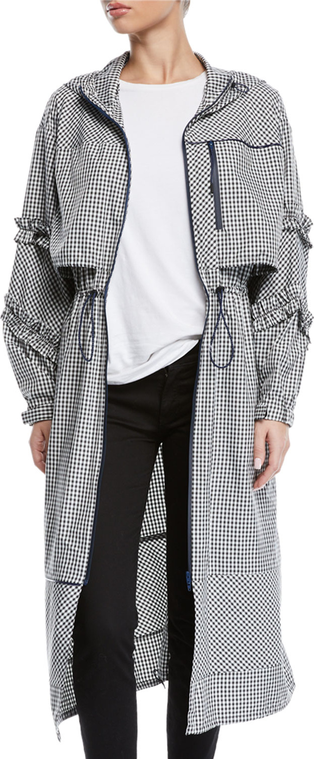 3.1 Phillip Lim Hooded Ruffle Gingham-Print Long Parka Jacket