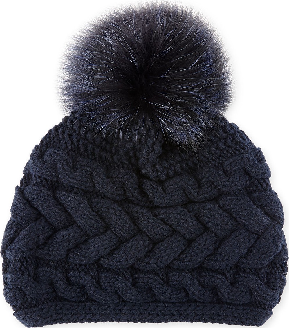 Inverni Cashmere Cable-Knit Beanie w/ Fur Pompom