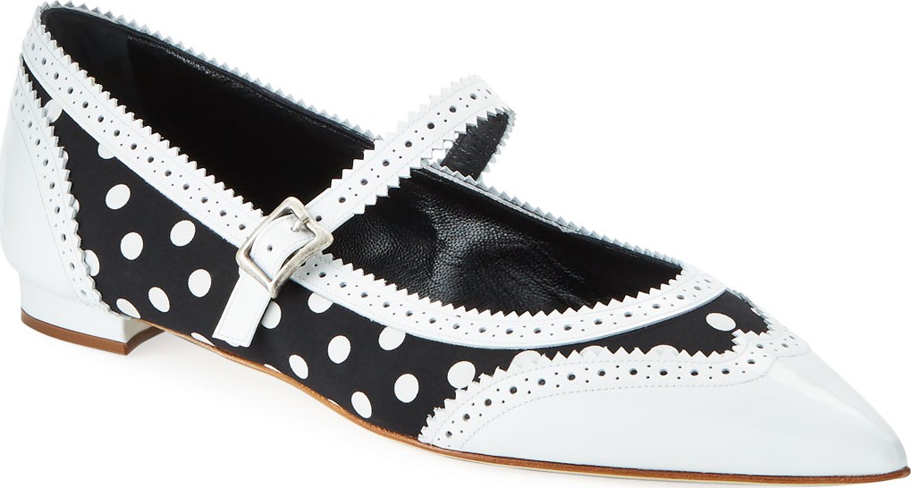 Manolo Blahnik Bramida Wing-Tip Polka-Dot Mary Jane Flats