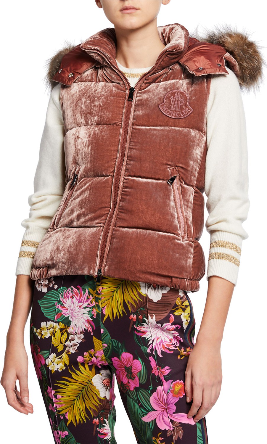 Moncler Velvet Puffer Vest w/ Fur Hood