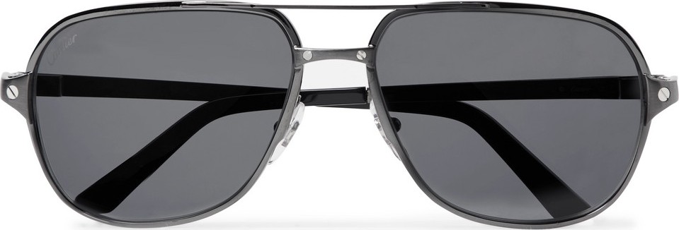 Cartier Santos de Cartier Aviator-Style Leather-Trimmed Gunmetal-Tone Polarised Sunglasses