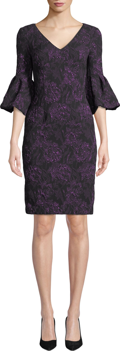 Aidan Mattox V-Neck Rose-Thread Bell-Sleeve Dress