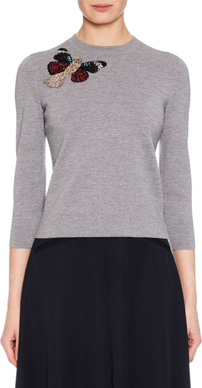 Alexander McQueen Crewneck 3/4-Sleeve Milano Wool Knit Sweater w/ Moth Embellishment