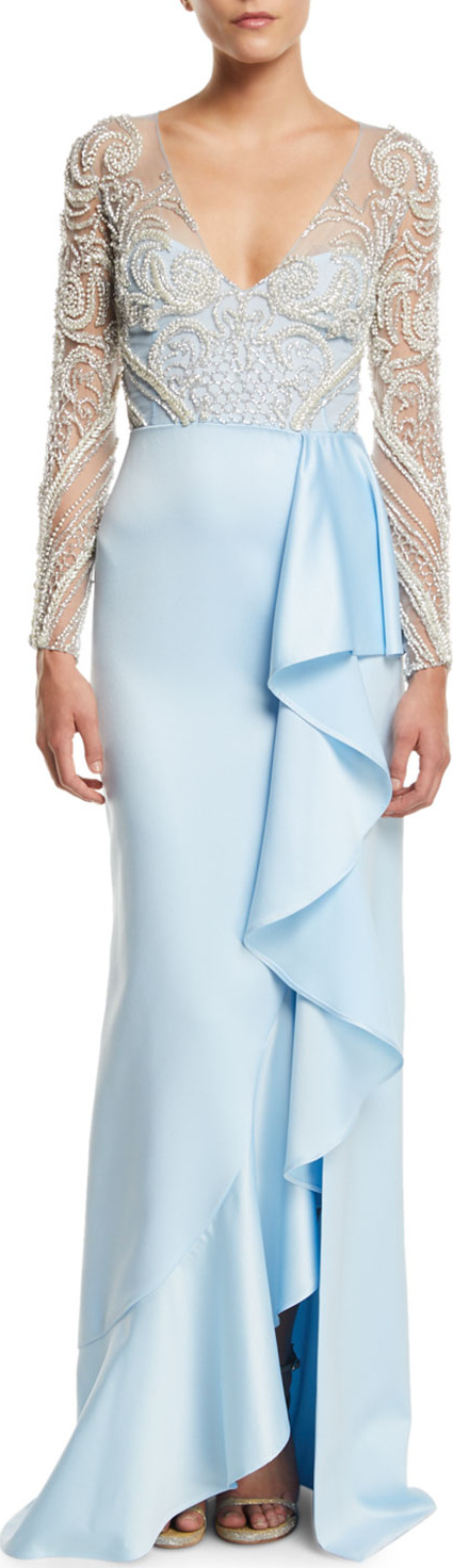 PatBo Patricia Bonaldi Pearly Beaded Crepe V-Neck Gown