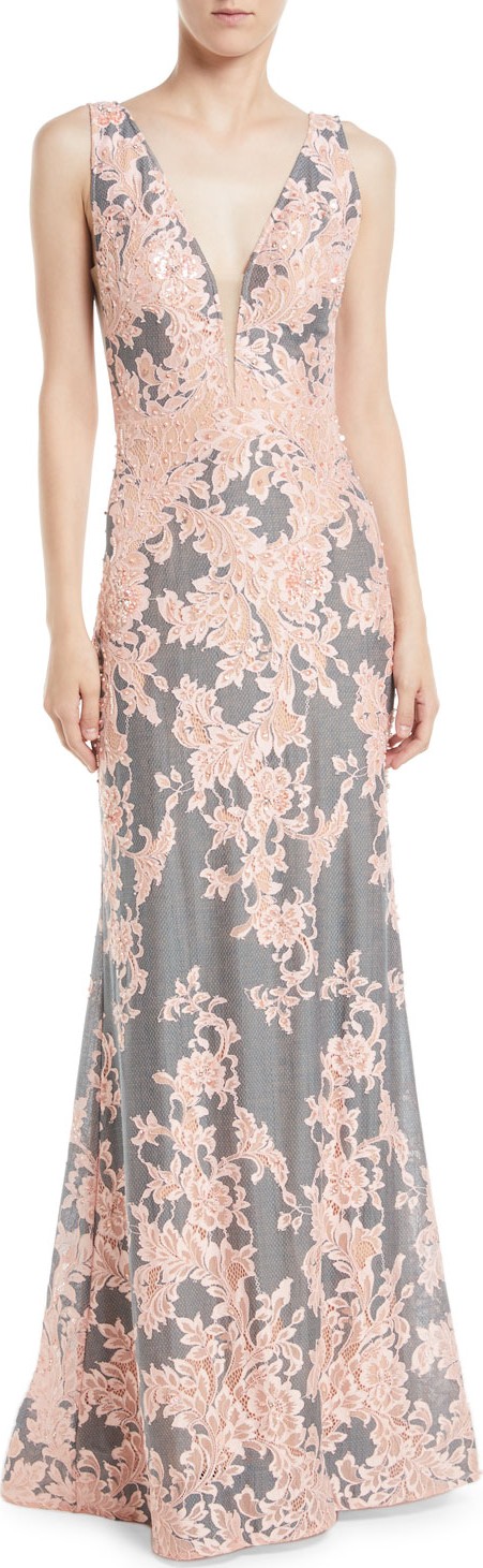 Jovani Plunging Floral Brocade Gown