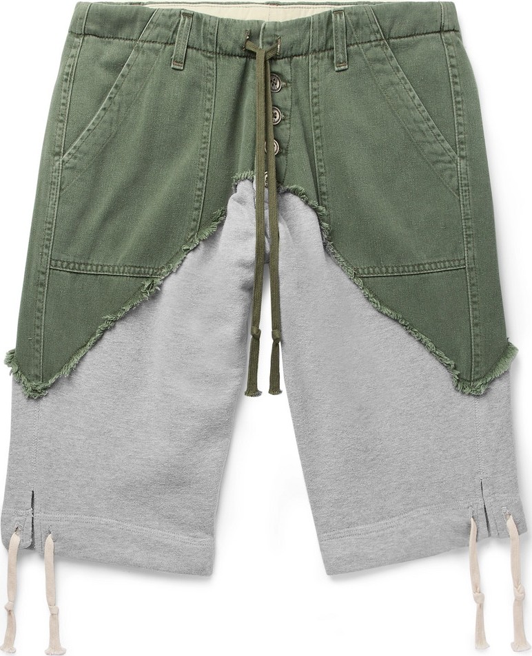 Greg Lauren Slim-Fit Cotton-Twill Panelled Loopback Mélange Jersey Drawstring Shorts