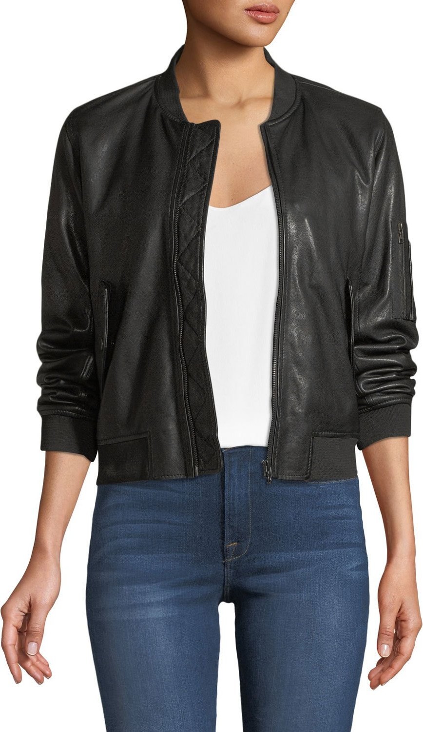 Majestic Zip-Front Leather Bomber Jacket
