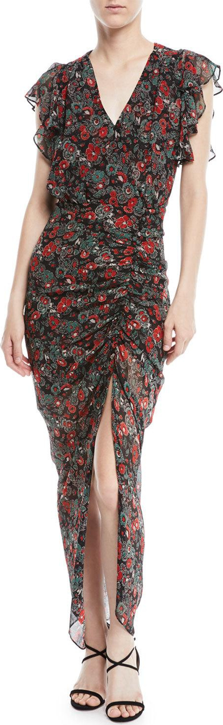 Veronica Beard Cecile Ruched Floral-Print Silk Dress