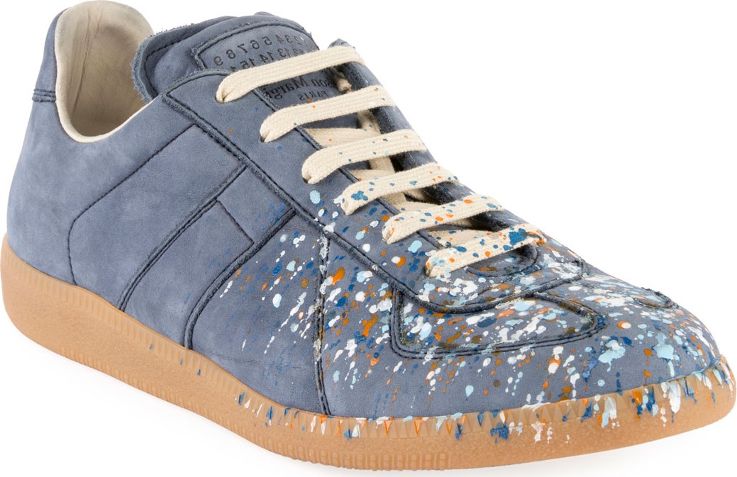 Maison Margiela Men's Replica Paint-Splatter Suede Low-Top Sneakers, Blue Maison Margiela Men's Replica Paint-Splatter Suede Low-Top Sneakers, Blue