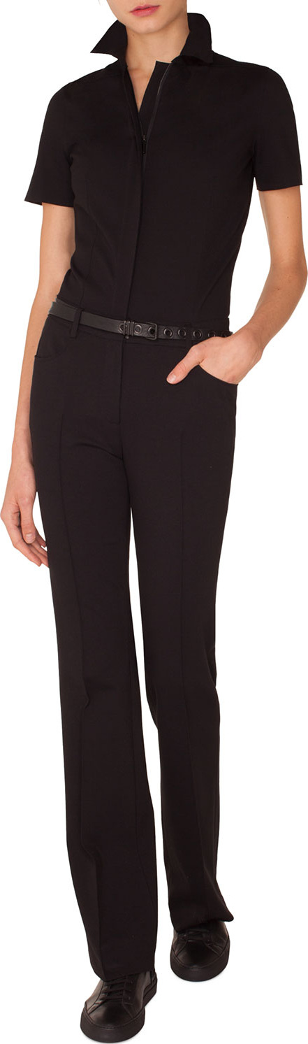 Akris Punto Short-Sleeve Straight-Leg Stretch-Cady Jumpsuit w/ Leather Belt