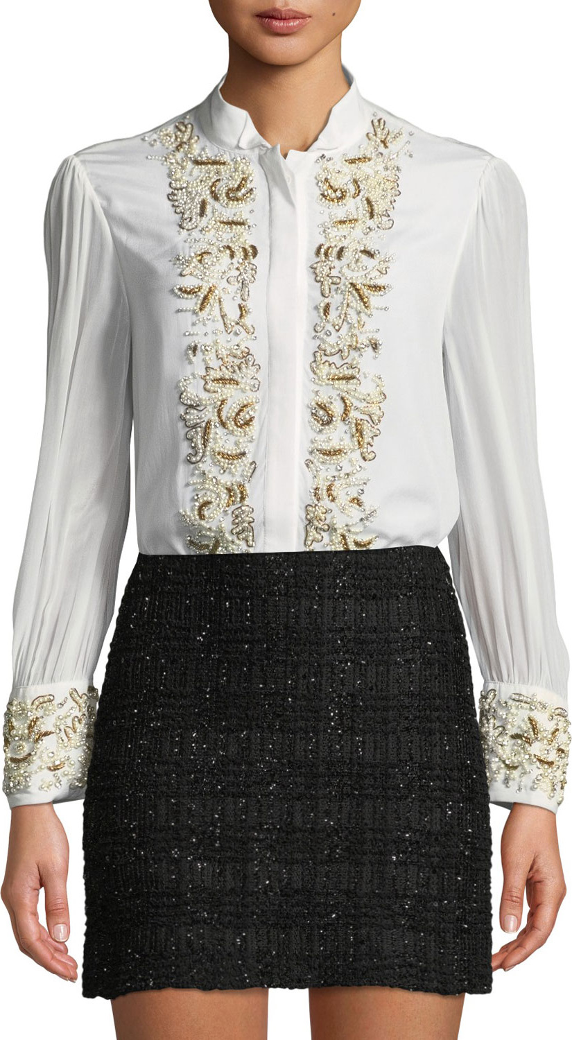 Alice + Olivia Zita Pearlescent-Embroidered Button-Front Blouse