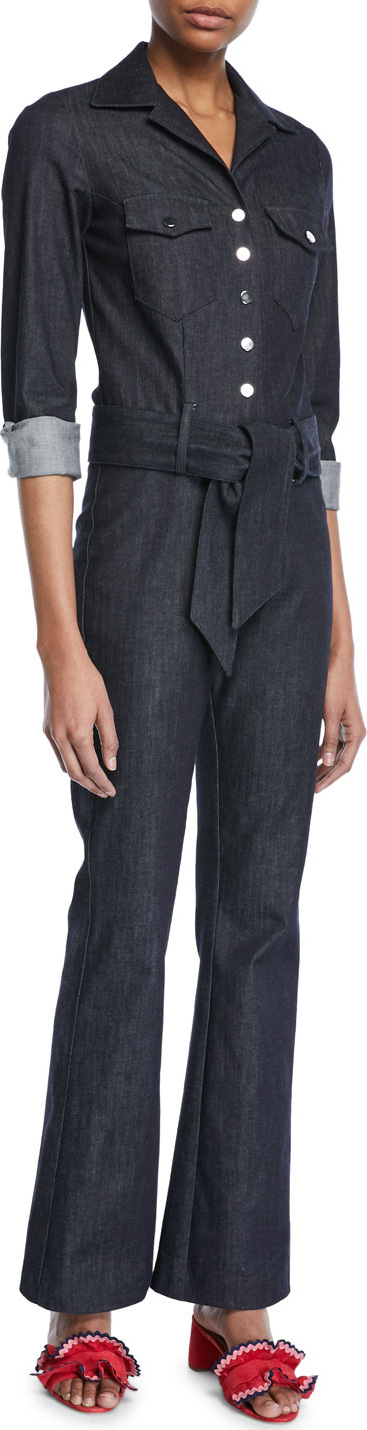 Carolina Ritzler Long-Sleeve Snap-Front Belted Denim Jumpsuit
