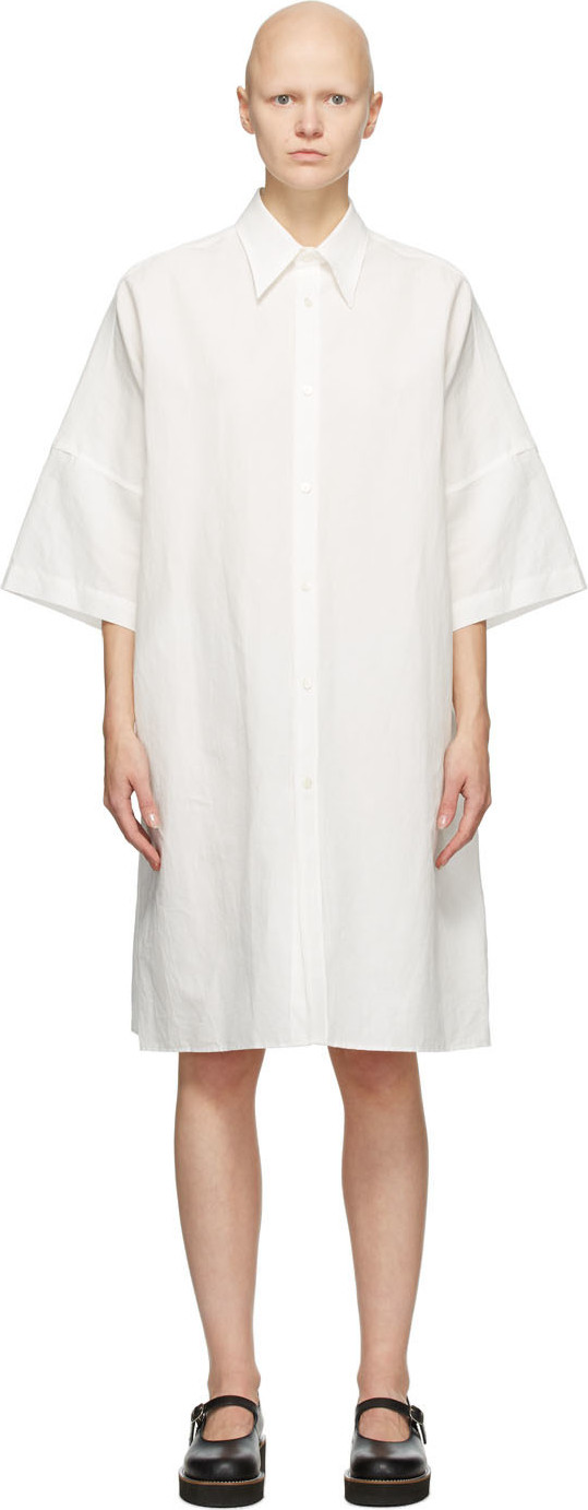 Y's By Yohji Yamamoto - White Linen & Cotton Three-Quarter Sleeve Dress