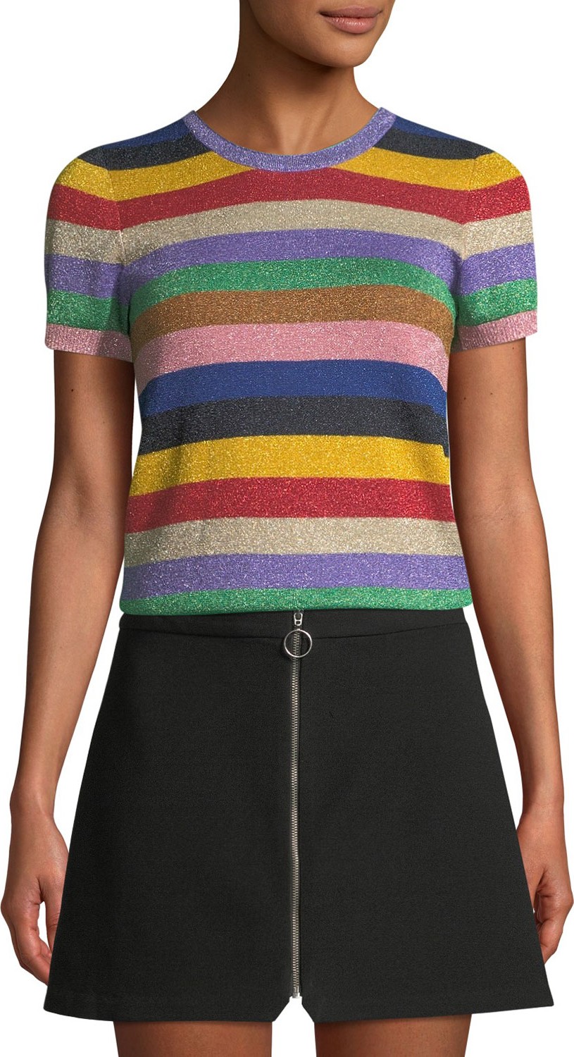 Alice + Olivia Baylor Short-Sleeve Striped Crewneck Top