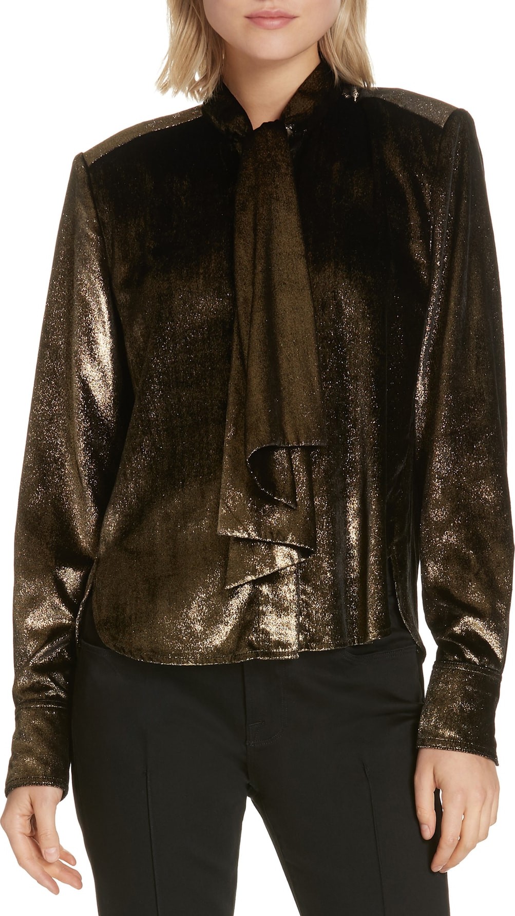 FRAME DENIM Tie Neck Metallic Velvet Top