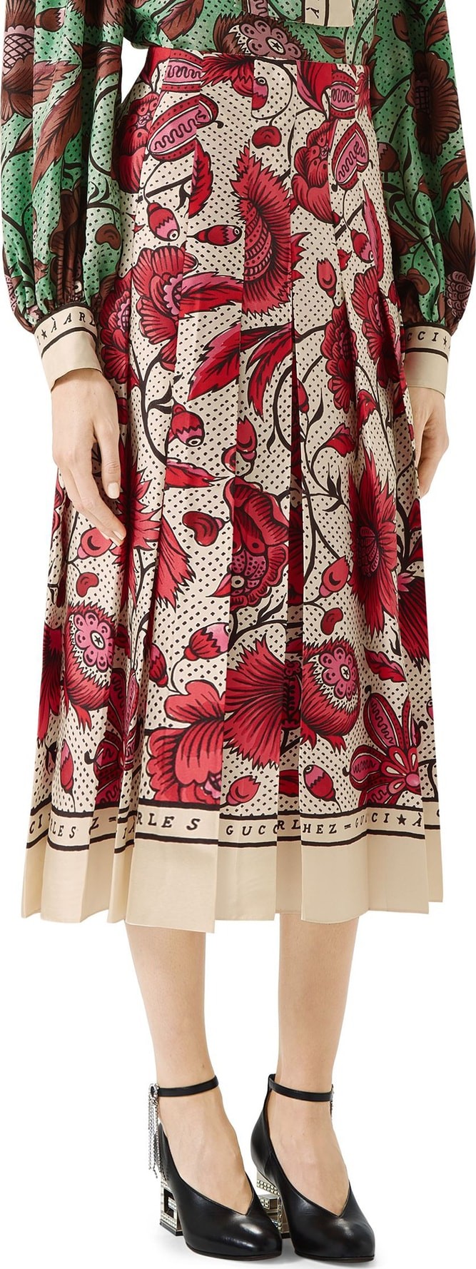 Gucci Watercolor Floral Print Pleated Silk Twill Midi Skirt