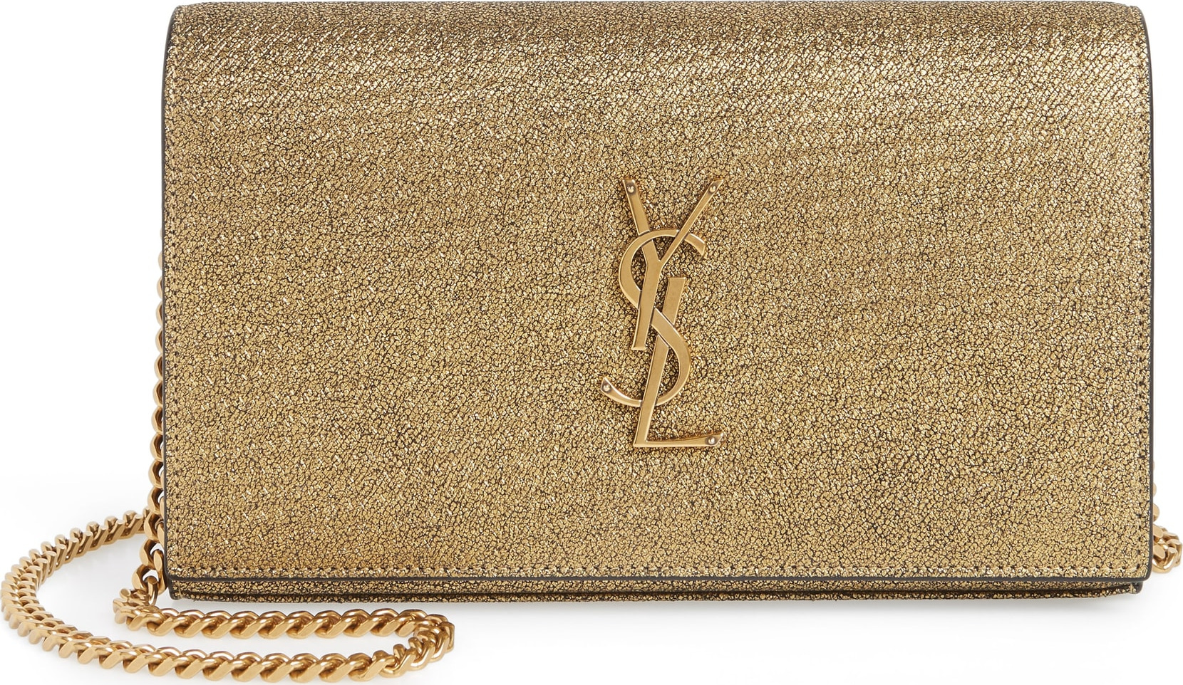 Saint Laurent Kate Crinkled Metallic Leather Wallet on a Chain