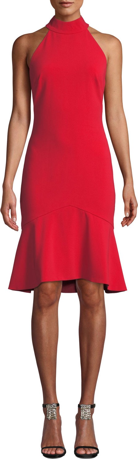 Badgley Mischka Halter-Neck Cocktail Dress with Flounce Hem