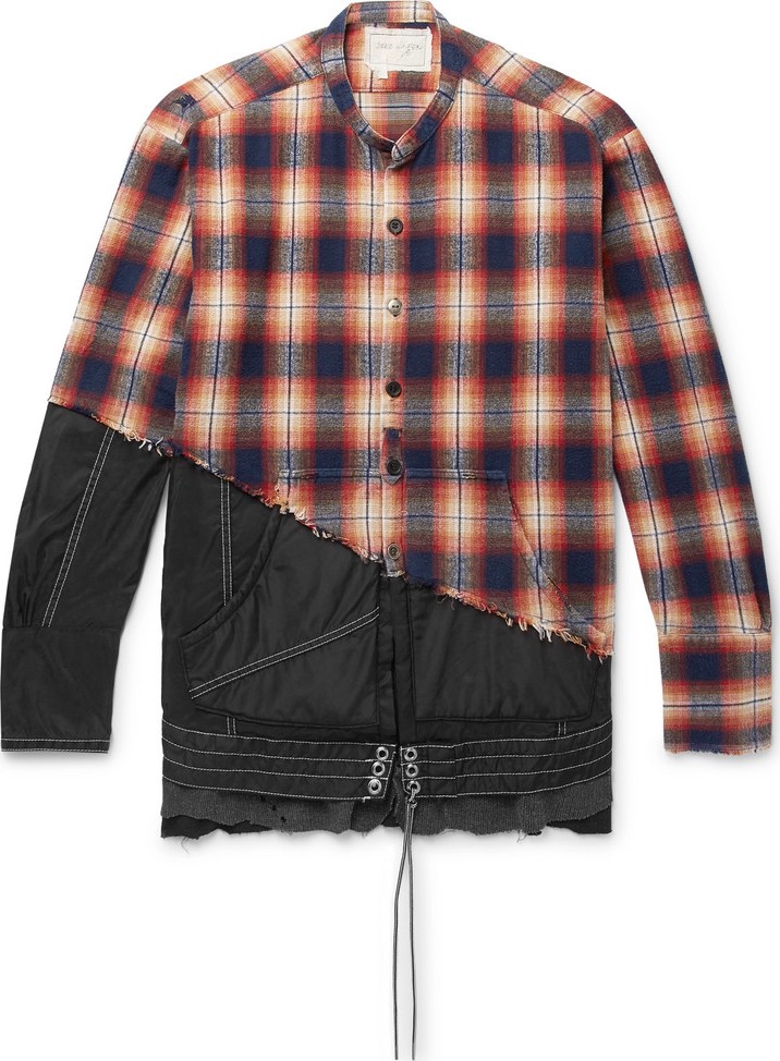 Greg Lauren + Birdwell Grandad-Collar Panelled Distressed Checked Cotton-Flannel and Nylon Shirt
