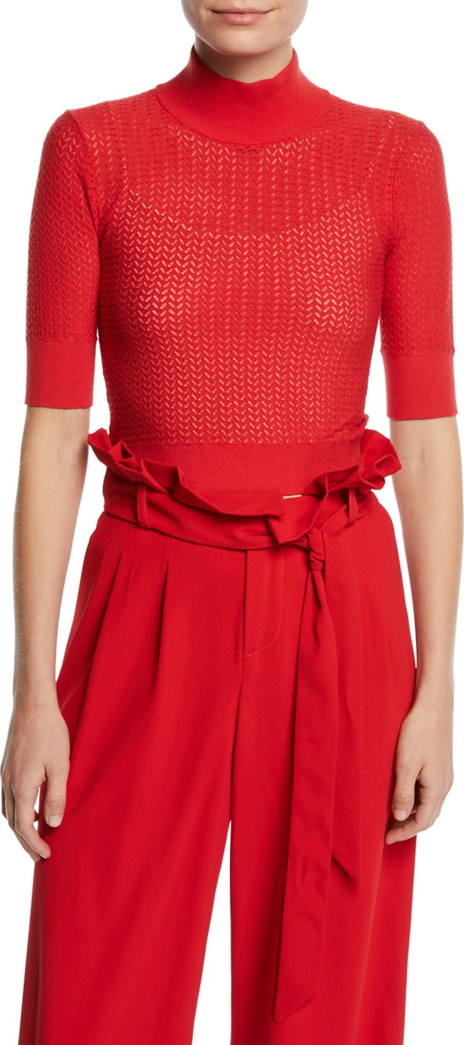 Alice + Olivia Lanie Pointelle High-Neck Short-Sleeve Pullover